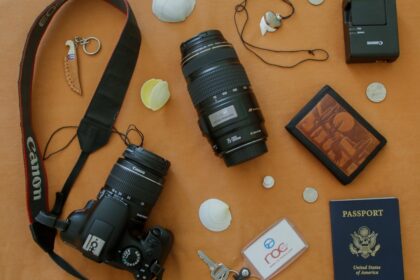 Canon black DLSR camera with lens, keys, wallet, charger and passport