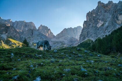 Ein Mann testet eine tragbare Outdoor-Hut im Gebirge, während er ihre Stabilität im Wind prüft und das Packmaß in seinem Rucksack zeigt.